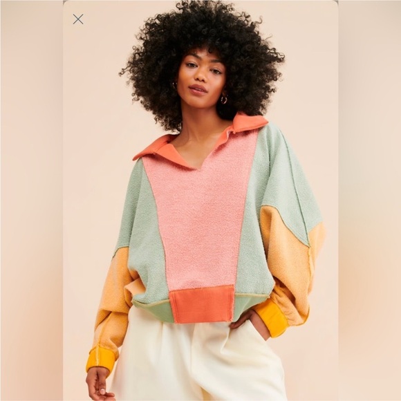 Free People Sidewalk Sweatshirt Polo-collared Colorblock Pullover - Picture 6 of 8